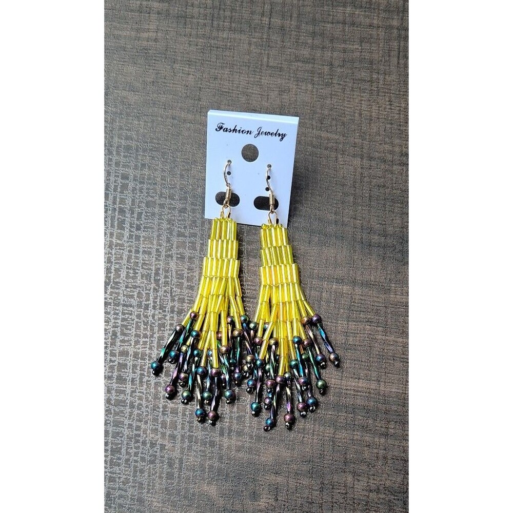 Yellow Beaded Tassel Earrings with Iridescent
